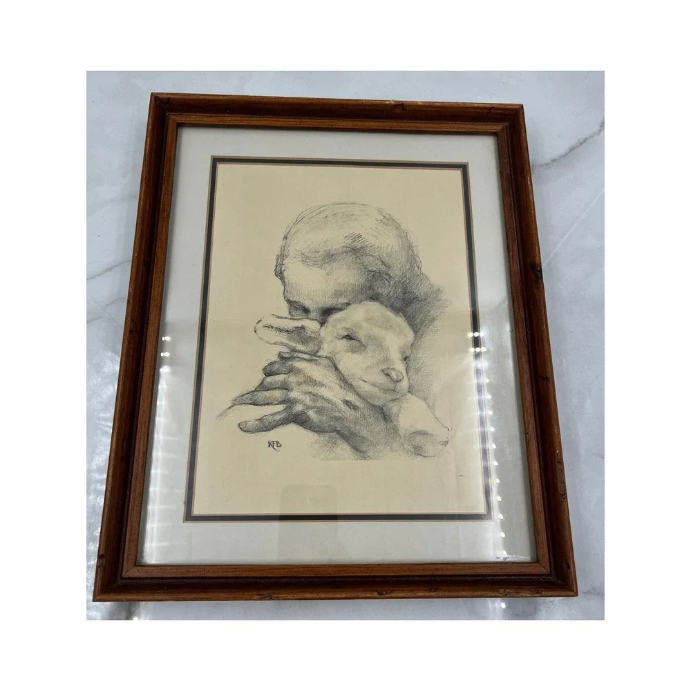 VTG Katherine Brown JESUS AND THE LAMB pencil sketch Framed